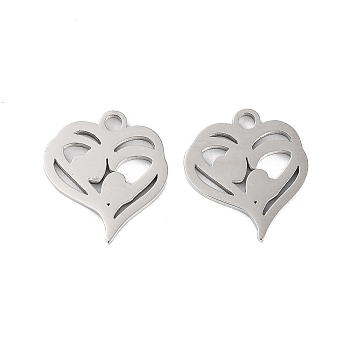 316 Stainless Steel Charms, Heart Charm, Laser Cut, Stainless Steel Color, 14x12.5x1mm, Hole: 1.5mm