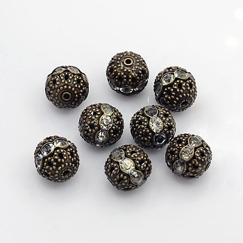 Brass Rhinestone Beads, Grade A, Nickel Free, Antique Bronze Metal Color, Round, Crystal, 12mm in diameter, Hole: 1.5mm