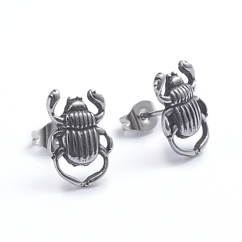 Retro 304 Stainless Steel Stud Earrings, with Ear Nuts, Insects, Antique Silver, 13.5x9.5mm, Pin: 0.7mm