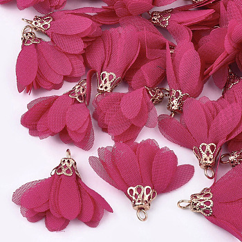 Chiffon Pendants, with Iron Findings, Flower, Golden, Deep Pink, 25~27x20~30mm, Hole: 2.5mm