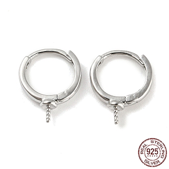 Rhodium Plated 925 Sterling Silver Hoop Earring Findings, for Half Drilled Beads, with S925 Stamp, Real Platinum Plated, 21 Gauge, 13.5x10.5x1.5mm, Pin: 0.7mm