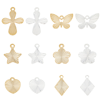 72Pcs 12 Style Brass Charms, Long-Lasting Plated, Rhombus & Heart & Butterfly & Flower & Star & Cross, Mixed Color, 9.5~17.5x8~13x0.1~0.2mm, Hole: 1.2mm, 6pcs/style