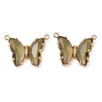 Brass Pave Faceted Glass Connector Charms, Golden Tone Butterfly Links, Dark Khaki, 17.5x23x5mm, Hole: 0.9mm