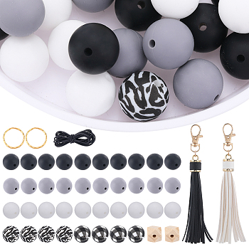 DIY Keychain Making Kit, Including Polygon & Round Silicone & Unfinished Wood Beads, PU Leather Tassel Pendants, Iron Split Key Rings, Black, 45Pcs/bag