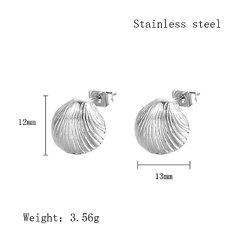 304 Stainless Steel Stud Earrings, Shell Shape, Stainless Steel Color, 12x13mm
