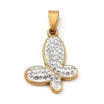 Polymer Clay Rhinestone Pendant, with Vacuum Plating 201 Stainless Steel, Butterfly, Golden, 21x21x4mm, Hole: 7x3.5mm