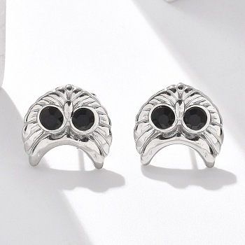 304 Stainless Steel Stud Earrings, with Rhinestone, Owl, Stainless Steel Color, 12x12.5mm