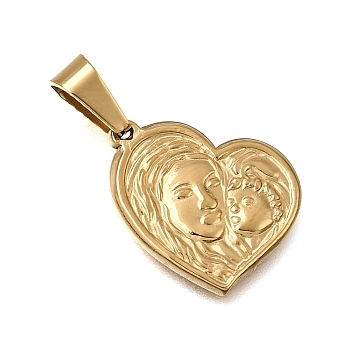 Religion 304 Stainless Steel Pendants, with 201 Stainless Steel Snap On Bails, Heart with Virgin Mary & Child Charms, Ion Plating(IP), Golden, 19x15.5x2mm, Hole: 6.5x3.5mm