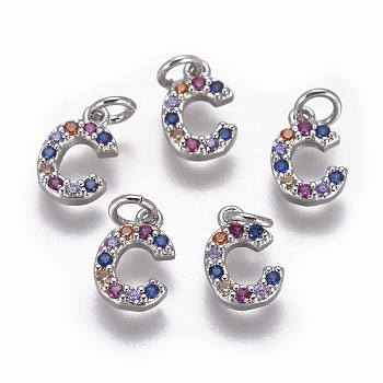 Brass Micro Pave Cubic Zirconia Charms, Letter, Colorful, Platinum, Letter.C, 9.2x6.3x1.8mm, Hole: 2mm