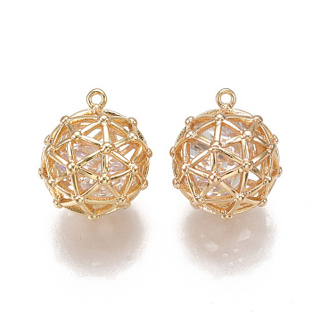 Brass Cubic Zirconia Filigree Charms, Nickel Free, Real 18K Gold Plated, Round, Clear, 12.5x11mm, Hole: 0.8mm