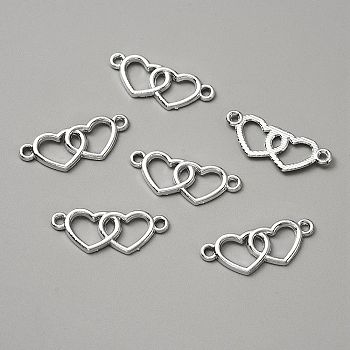 Alloy Connector Charms, Double Heart, Platinum, 10.5x27x1.5mm, Hole: 1.6mm