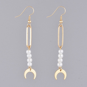 Dangle Earrings, with Glass Pearl Beads, Brass Pendants and Earring Hooks, Moon, Real 18K Gold Plated, 65mm, Pin: 0.7mm