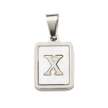 304 Stainless Steel Pave Natural White Shell Pendants, Rectangle with Letter Charms, Stainless Steel Color, Letter X, 17.5x12x1.5mm, Hole: 6x3mm