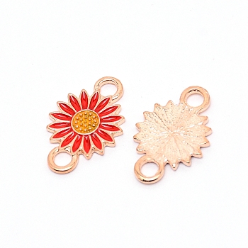 Light Gold Plated Alloy Enamel Links, Pendant Accessories, Sunflower Shape, Red, 21.5x14.5x2mm, Hole: 3mm