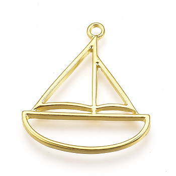 Rack Plating Alloy Open Back Bezel Pendants, For DIY UV Resin, Epoxy Resin, Pressed Flower Jewelry, Cadmium Free & Nickel Free & Lead Free, Sailing Boat, Real 18K Gold Plated, 34.5x30.5x2mm, Hole: 2.5mm