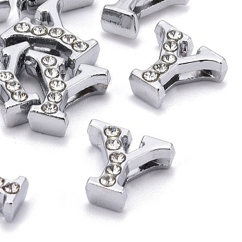 Alloy Rhinestone Initial Letter.Y Slide Charms Fit DIY Wristbands & Bracelets, Lead Free & Nickel Free, Platinum Color, 11x10x4.5mm, Hole: 1.5x8mm