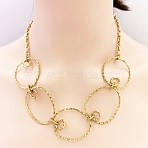 304 Stainless Steel Textured Ring Link Bib Necklaces for Women, Ion Plating(IP), Real 18K Gold Plated, 19.69 inch(50cm)(NJEW-L467-05G)