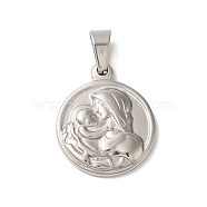 Non-Tarnish 304 Stainless Steel Pendants, Religious, Flat Round with Saint Charm, Stainless Steel Color, 22x18.5x3mm, Hole: 4x3mm(STAS-B073-01A-P)