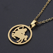 201 Stainless Steel Pendants Necklaces, with Cable Chains and Lobster Claw Clasps, Flat Round with Constellation/Zodiac Sign, Sagittarius, 15-3/4 inch(40cm), 1.5mm(NJEW-S105-JN626-9G)
