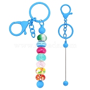 Baking Painted Alloy and Brass Bar Beadable Keychain for Jewelry Making DIY Crafts, with Lobster Clasps, Deep Sky Blue, 15.8x2.4cm(DIY-YW0007-58F)