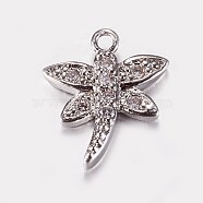 Long-Lasting Plated Brass Micro Pave Cubic Zirconia Charms, Dragonfly, Real Platinum Plated, 14x12x2.5mm, Hole: 1mm(ZIRC-L072-63P)