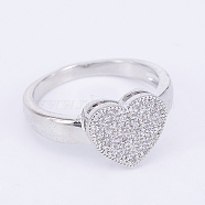 Brass Micro Pave Cubic Zirconia Finger Rings, Heart, Platinum, 16~19mm(RJEW-E145-22P)
