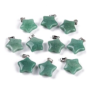 Natural Green Aventurine Pendants, Star Charm with 201 Stainless Steel Snap on Bails, Stainless Steel Color, 20~21x17~19x7~8mm, Hole: 6x3mm(G-Q172-09P-09)