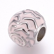 304 Stainless Steel European Beads, Large Hole Beads, with Enamel, Rondelle with Flower, Stainless Steel Color, Misty Rose, 11x9.5mm, Hole: 4.5mm(STAS-O097-116B)