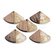 Wood and Resin Pendants, with Gold Foil or Silver Foil, Fan Shaped, Gold, 26x38x3.7mm, Hole: 2mm(FIND-Z022-01B)