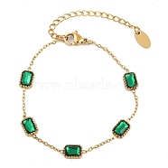 Ion Plating(IP) 304 Stainless Steel Pave Green Glass Rectangle Link Bracelets for Women, Real 18K Gold Plated, 5-7/8 inch(15cm)(BJEW-H613-11G)