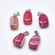 Natural Banded Agate/Striped Agate Pendants, Dyed, with Stainless Steel Snap On Bails, Cuboid, Stainless Steel Color, Red, 20~23x9~13x9~13mm, Hole: 3~4x7~8.5mm(G-T122-20A)