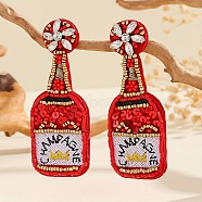 Women's Beaded Stud Earrings with Beer Festival Beer Bottle Design, Versatile Gift, Red, 85x35mm(UD1231-3)