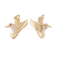 Rack Plating Brass Micro Pave Cubic Zirconia Pendants, Hummingbird Charms, Cadmium Free & Lead Free, with Jump Ring, Real 18K Gold Plated, 16.5x16.5x2.5mm, Hole: 0.9mm(KK-G452-19G)