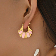 Fashionable Delicate Simple Color Block Fan-shaped Stainless Steel Hoop Earrings for Women, with Enamel, Golden, Pink, 27x25mm(LW7077-1)