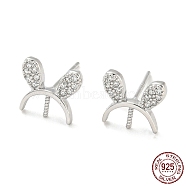 Rhodium Plated Rabbit Ear 925 Sterling Silver Micro Pave Clear Cubic Zirconia Stud Earring Findings, for Half Drilled Beads, with S925 Stamp, Real Platinum Plated, 8.5x9.5mm, Pin: 10.5x0.7mm and 0.7mm(STER-Q192-23P)