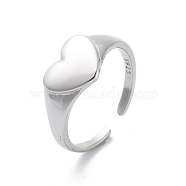 925 Sterling Silver Open Cuff for Women, Heart, Silver, 8.5mm, Adjustable(RJEW-S006-01S)