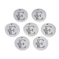 304 Stainless Steel Charms, Laser Cut, Designed Letter Engraved, Flat Round, Stainless Steel Color, Letter.E, 14x1mm, Hole: 1.2mm(STAS-T059-26P-E)