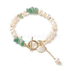 Natural Green Aventurine Chip Beaded Bracelet, Natural Pearl Bracelets for Women, with Shell Shape Charms, Golden, 7-5/8 inch(19.5cm)(BJEW-TA00032-01)