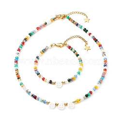 Electroplate Glass Beads Bracelets & Necklace Set, with Electroplate Glass Beads & Natural Freshwater Shell Beads, with 304 Stainless Steel Lobster Claw Clasps, Colorful, 17-1/2 inch(44.5cm), 7.56 inch(192mm)(SJEW-JS01200)