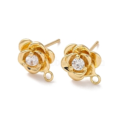 Rose Flower Brass Micro Pave Cubic Zirconia Stud Earring Findings, with Loop, Long-Lasting Plated, Real 14K Gold Plated, 12x9mm, Hole: 1.5mm, Pin: 0.7mm(KK-U042-18G)