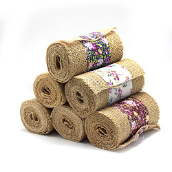 Burlap Ribbon, Hessian Ribbon, Jute Ribbon, with Prined Polyester Ribbon, for Jewelry Making, Mixed Color, 4-3/4 inch(120mm), about 2.187yards/roll(2m/roll), 12rolls/bag(OCOR-R071-23)