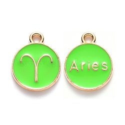 Alloy Enamel Pendants, Cadmium Free & Lead Free, Flat Round with Constellation, Light Gold, Pale Green, Aries, 15x12x2mm, Hole: 1.5mm(X-ENAM-S124-01B-06A)