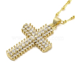 Brass Clear Cubic Zirconia Cross Pendant Twisted Chain Necklaces, Real 18K Gold Plated, 17.64 inch(44.8cm)(NJEW-R100-04G)