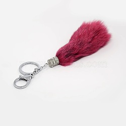 Alloy Rhinestone Fox Hair Keychain, with Alloy Lobster Claw Clasp and Iron Key Ring, Platinum, Dark Red, 210x55mm(X-KEYC-M010-04)