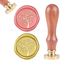 DIY Scrapbook, Brass Wax Seal Stamp and Wood Handle Sets, Tree, Golden, 8.9x2.5cm, Stamps: 25x14.5mm(AJEW-WH0100-588)