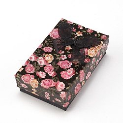 Flower Pattern Cardboard Jewelry Packaging Box, 2 Slot, For Ring Earrings, with Ribbon Bowknot and Black Sponge, Rectangle, Black, 8x5x2.6cm(CBOX-L007-003A)