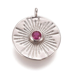 Brass Micro Pave Cubic Zirconia Pendants, Flat Round, Deep Pink, Platinum, 16.5x14x3mm, Hole: 1.3mm(ZIRC-L075-63A-P)