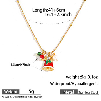 304 Stainless Steel Enamel & Rhinestone & Resin Christmas Pendant Necklaces for Women, Golden, Red, Christmas Bell, 16.14 inch(41cm), pendant: 18mm