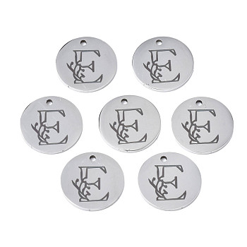 304 Stainless Steel Charms, Laser Cut, Designed Letter Engraved, Flat Round, Stainless Steel Color, Letter.E, 14x1mm, Hole: 1.2mm