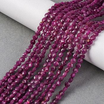 Natural Ruby Beads Strands, Faceted Coin Beads, Flat Round, 3.5~4x2.5mm, Hole: 0.6mm, about 105pcs/strand, 15.35 inch(39cm)